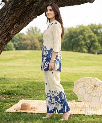 Cream blue printed rayon 2-pieces co-ord sets for women 4