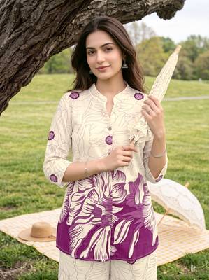 Cream purple printed rayon 2-pieces co-ord sets for women 2