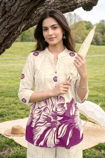 Cream purple printed rayon 2-pieces co-ord sets for women