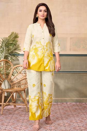 Cream yellow printed rayon 2-pieces co-ord sets for women