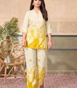 Cream yellow printed rayon 2-pieces co-ord sets for women
