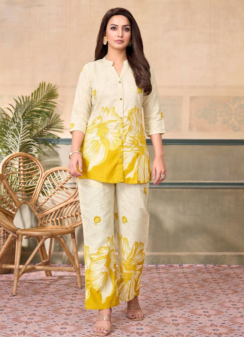 Cream yellow printed rayon 2-pieces co-ord sets for women