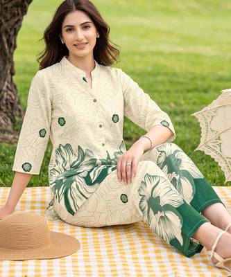 Cream green printed rayon 2-pieces co-ord sets for women 4