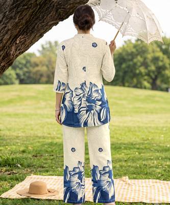 Cream blue printed rayon 2-pieces co-ord sets for women 5