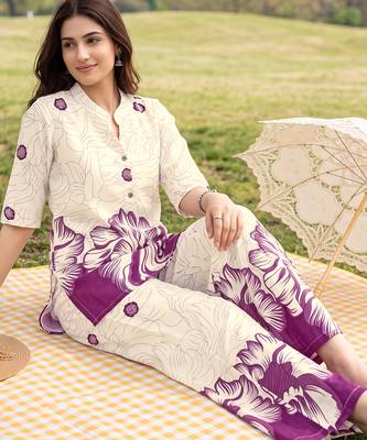 Cream purple printed rayon 2-pieces co-ord sets for women 3