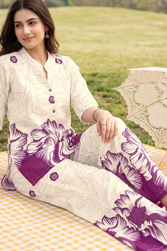 Cream purple printed rayon 2-pieces co-ord sets for women