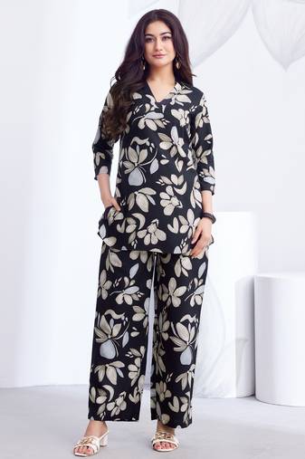 Black printed rayon 2-pieces co-ord sets for women