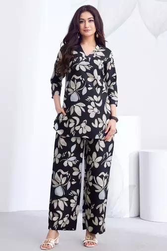 Black printed rayon 2-pieces co-ord sets for women