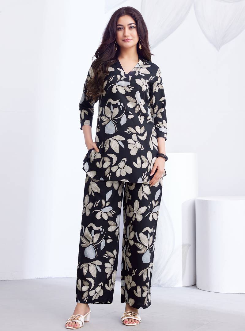 Black printed rayon 2-pieces co-ord sets for women