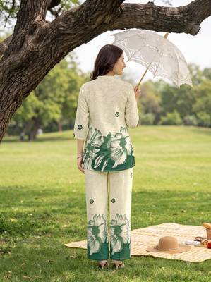 Cream green printed rayon 2-pieces co-ord sets for women 5