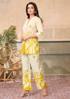 Cream yellow printed rayon 2-pieces co-ord sets for women 3