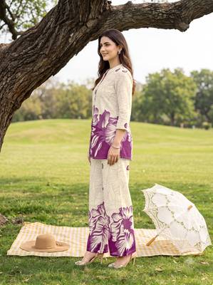 Cream purple printed rayon 2-pieces co-ord sets for women 4
