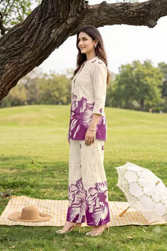 Cream purple printed rayon 2-pieces co-ord sets for women