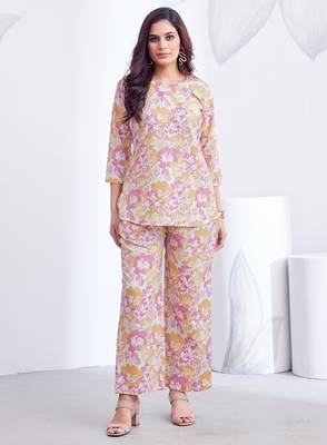 Pink printed rayon 2-pieces co-ord sets for women 1