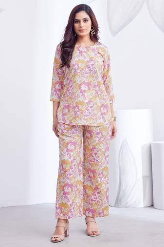 Pink printed rayon 2-pieces co-ord sets for women