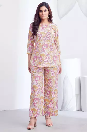 Pink printed rayon 2-pieces co-ord sets for women
