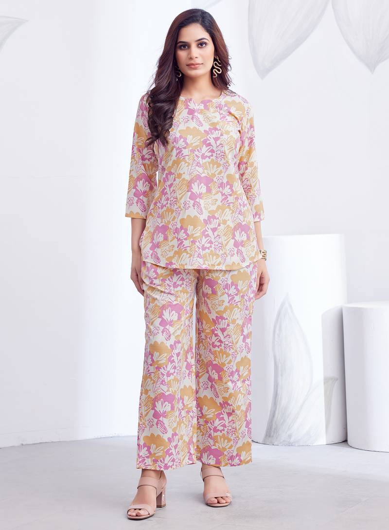 Pink printed rayon 2-pieces co-ord sets for women