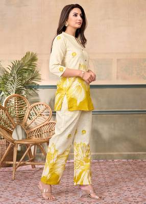 Cream yellow printed rayon 2-pieces co-ord sets for women 4