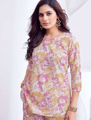 Pink printed rayon 2-pieces co-ord sets for women 2