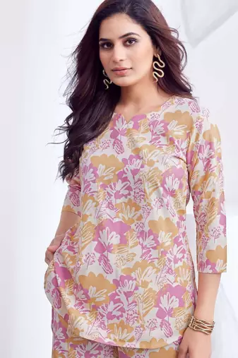 Pink printed rayon 2-pieces co-ord sets for women