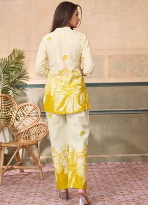 Cream yellow printed rayon 2-pieces co-ord sets for women 5