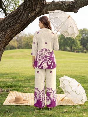 Cream purple printed rayon 2-pieces co-ord sets for women 5