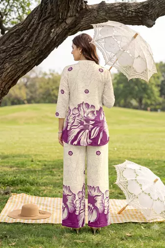 Cream purple printed rayon 2-pieces co-ord sets for women
