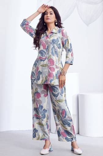 Cream printed rayon 2-pieces co-ord sets for women