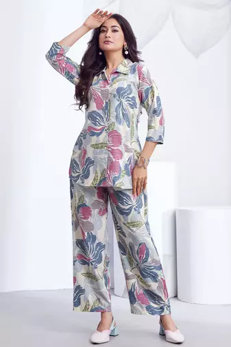 Cream printed rayon 2-pieces co-ord sets for women