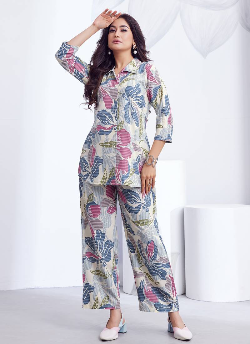 Cream printed rayon 2-pieces co-ord sets for women
