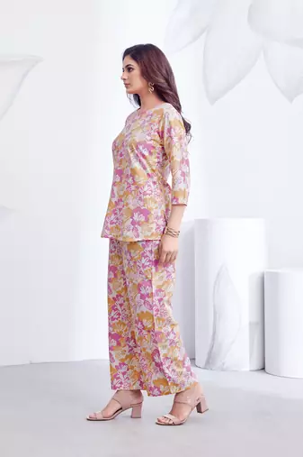 Pink printed rayon 2-pieces co-ord sets for women