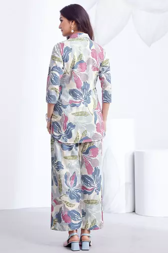 Cream printed rayon 2-pieces co-ord sets for women
