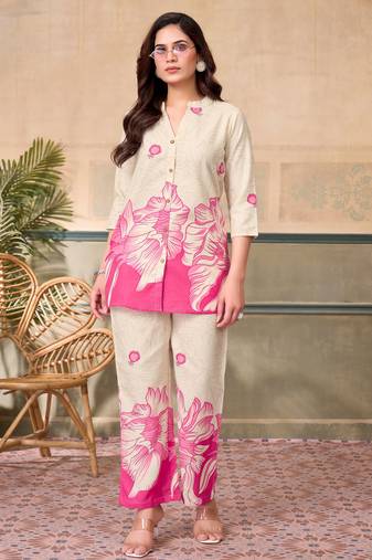 Cream pink printed rayon 2-pieces co-ord sets for women