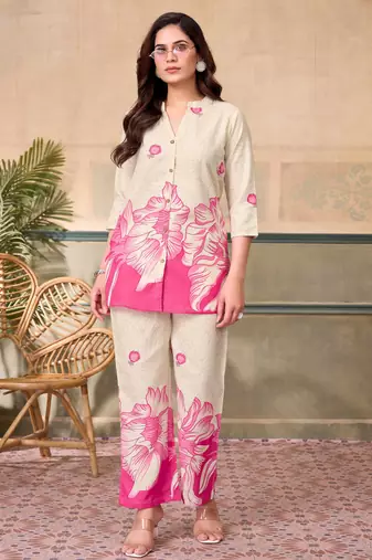 Cream pink printed rayon 2-pieces co-ord sets for women