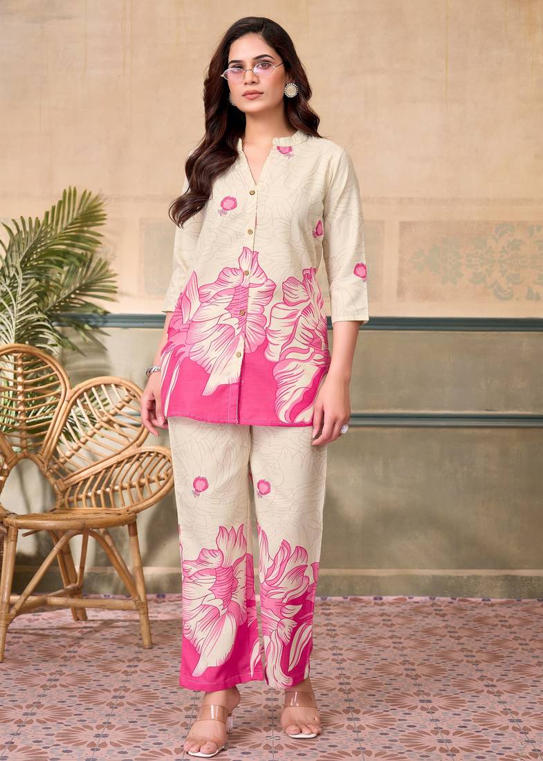 Cream pink printed rayon 2-pieces co-ord sets for women