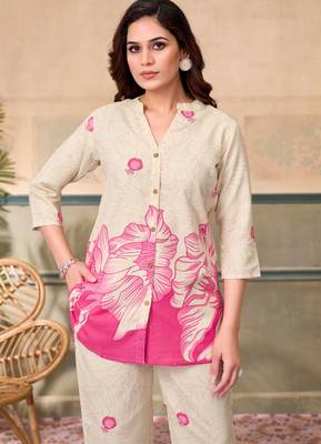 Cream pink printed rayon 2-pieces co-ord sets for women 2