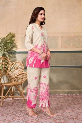 Cream pink printed rayon 2-pieces co-ord sets for women 3