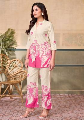 Cream pink printed rayon 2-pieces co-ord sets for women 4
