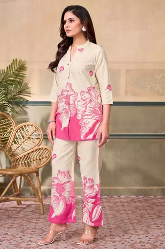 Cream pink printed rayon 2-pieces co-ord sets for women