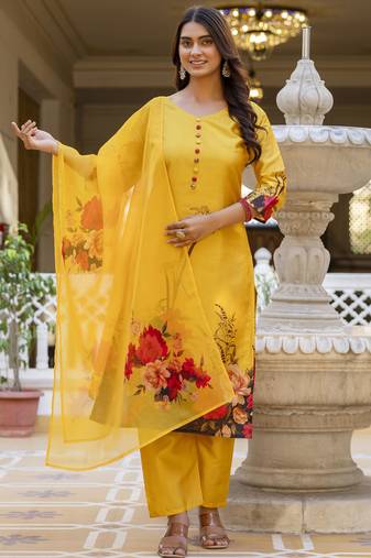 Yellow digital printed kurta pant set with dupatta
