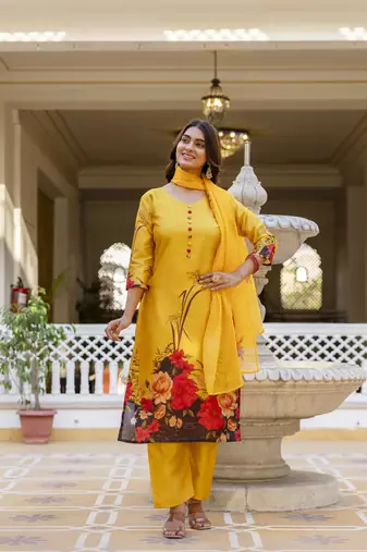 Yellow digital printed kurta pant set with dupatta
