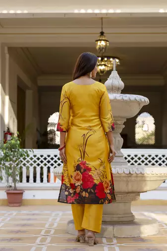 Yellow digital printed kurta pant set with dupatta