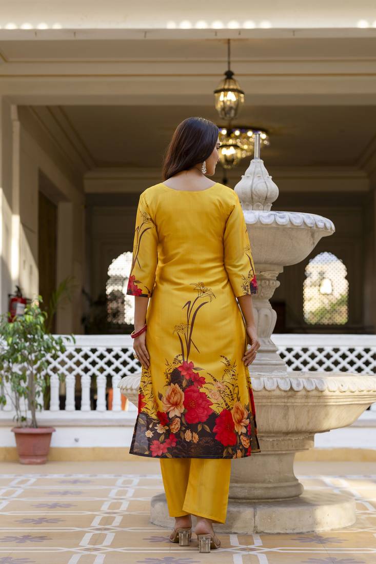 Yellow digital printed kurta pant set with dupatta