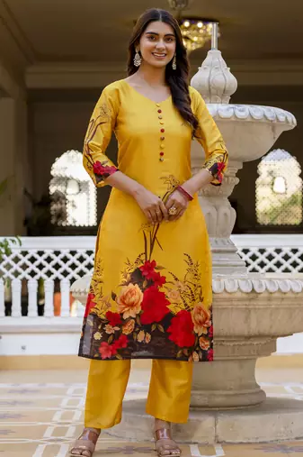 Yellow digital printed kurta pant set with dupatta