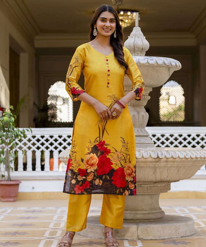 Yellow digital printed kurta pant set with dupatta