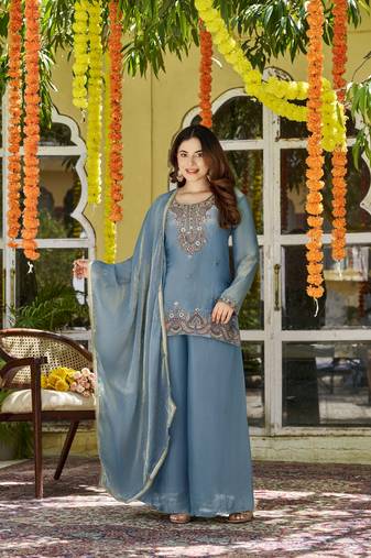 Teal fendy satin top bottom dupatta set