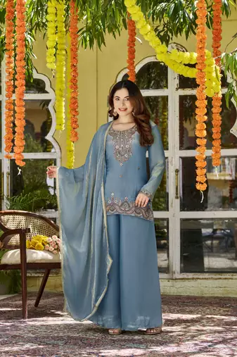Teal fendy satin top bottom dupatta set