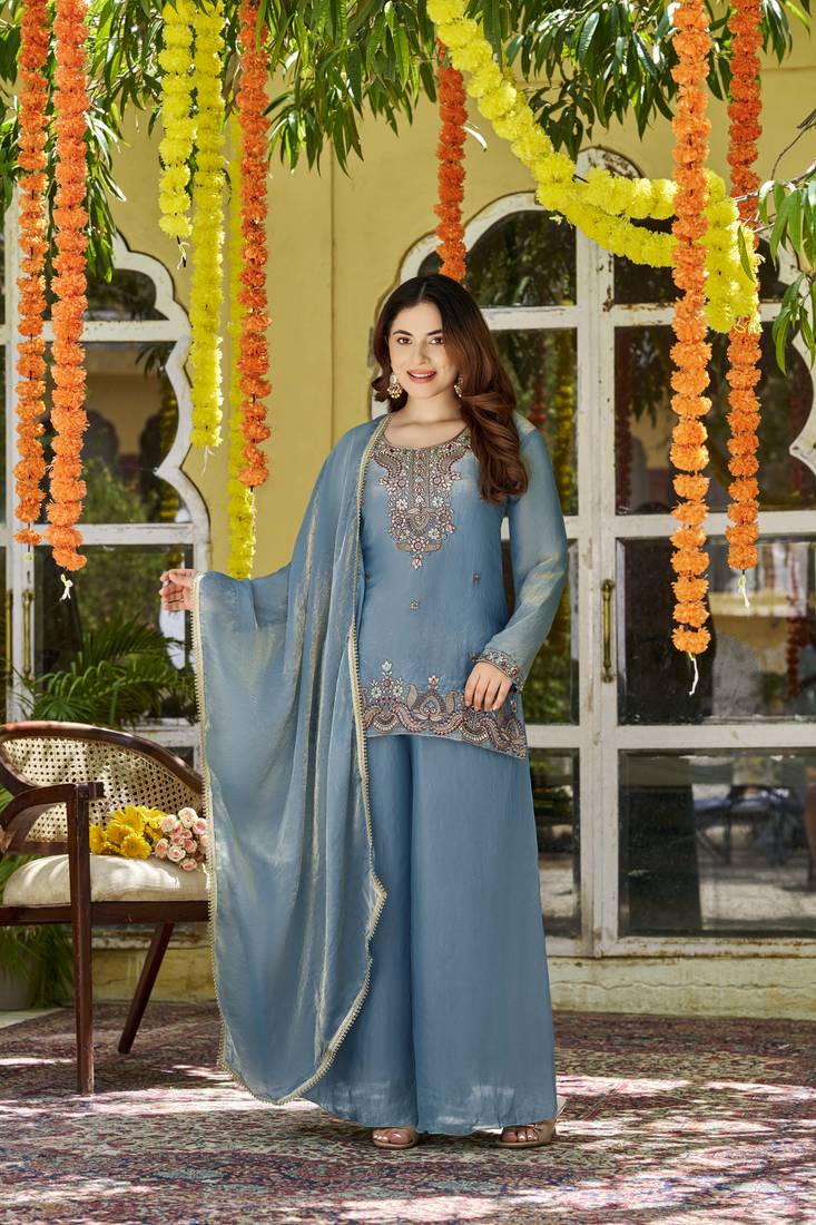 Teal fendy satin top bottom dupatta set