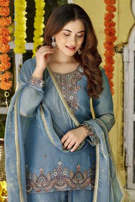 Teal fendy satin top bottom dupatta set 2