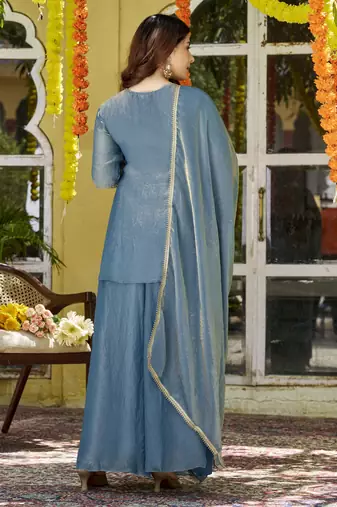 Teal fendy satin top bottom dupatta set